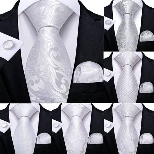 DiBanGu Mens Necktie White Solid Paisley Design Silk Wedding Tie For Men Tie Hanky Cufflink Tie Set Business Party Dropshipping