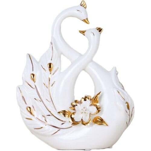 Ceramic White Couple Peacock Figurines Swan Crafts Gold-Plated Statues Valentines Day Home Decoration Desk Accessories