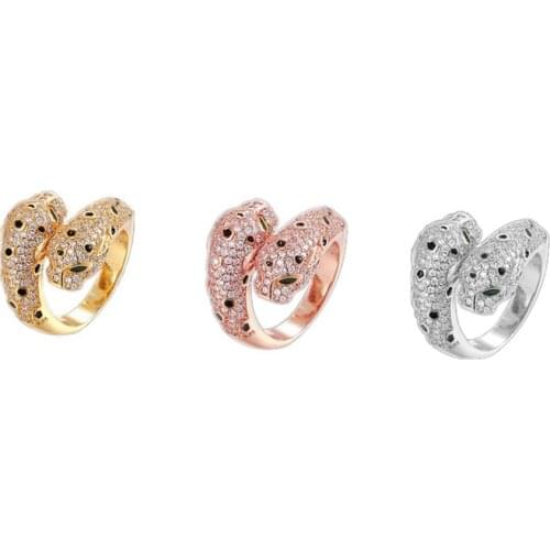Paved AAA Zircon Stone Double Leopard Head Finger Ring Green Eye Panther Animal Men Women Statement Cool Party Ring Jewelry