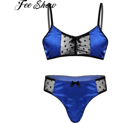 Men Satin Lingerie Suit Sissy Nightwear see-through Sheer Mesh Underwear Spaghetti Strap Bra Tops with Briefs Thongs Exotic Sets