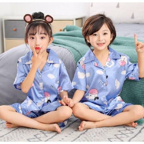 Summer Kids Clothing Suit Summer Silk Children Pajamas Set Cartoon Satin Boys Pijamas Short Sleeve Girls Casual Nightwear 3-14y