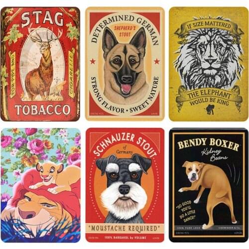 Cute Animals Tin Signs Loin Tiger Dog Deer Mtal Plaques Dog Modern Home Decoration Pet Shop Wall Art Iron Painting