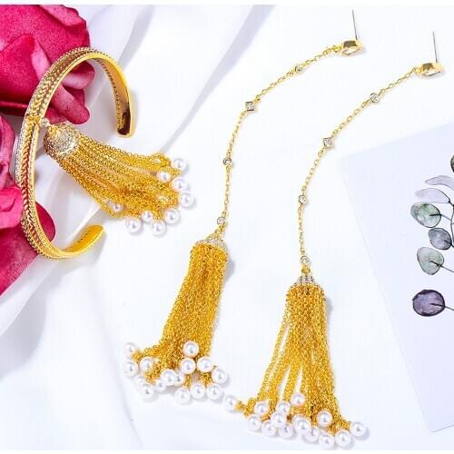 Missvikki Trendy Women Bridal Wedding Long Tassel Earrings Bangle Set Sparkling Luxury Gold Color Gorgeous High Quality New HOT