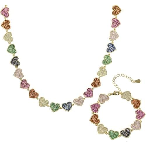 Multi Heart Charm Choker Necklaces With Rainbow CZ Paved Jewelry Sets For Women Lady Valentines Day Gift lovely Heart Bracelet