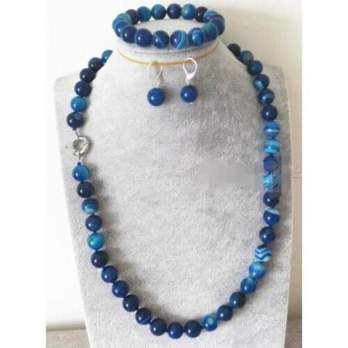 10mm Natural Blue Striped Agate Beads Necklace Bracelet Earring Set