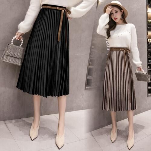 Autumn winter women skirt fashion bow belt elastic waist pleated velvet skirts women casual long midi skirts velvet