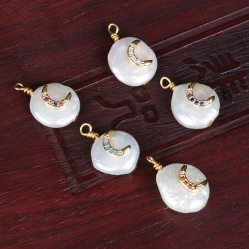 Multi cz paved tiny gold crescent new moon charms natural freshwater pearl pendant bead charm for choker earring jewelry making