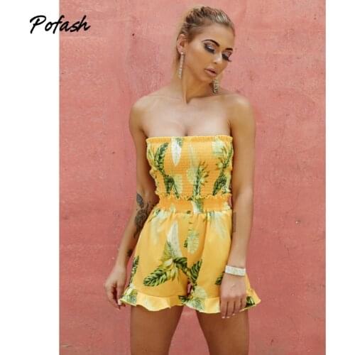 Pofash 2020 Yellow Print Jumpsuit Romper Women Summer Strapless Pleated Hollow Out Ruffle Playsuit Sleeveless Jumpsuits Overall