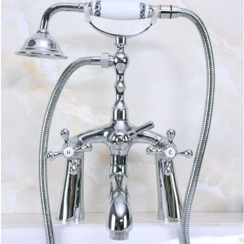 Polished Chrome Bathroom Shower Taps Deck Mounted Clawfoot Bath Tub Faucet Dual Handle Mixer Tap with Handheld Shower Wna122