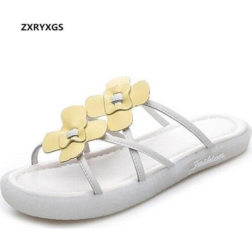 2021 New Summer Open Shoes Classic Flower Genuine Leather Slippers Women Sandals Flat Soft Sole Fashion Casual Sandals Big Size