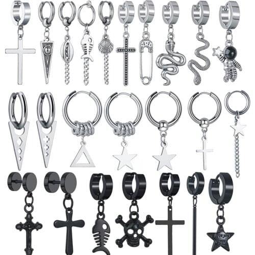 1 Pc Punk Black Silver Color Multiple Styles Stainless Stud Drop Earrings For Men Women Gothic Street Pop Hip Hop Ear Jewelry