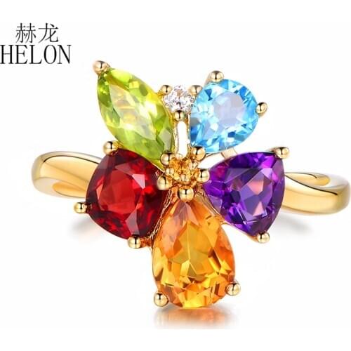 Solid 14K Yellow Gold Sparkling Diamond Fancy Blue Topaz Peridot Citrine Amethyst Garnet Women Ring Anniversary Fine Jewelry