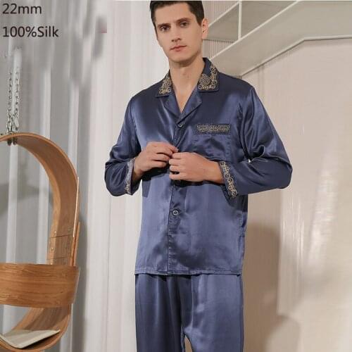 Thicken 22MM Real 100% Silk Pajamas Men Suit Sleepwear Autumn Winter Spring Shirt Long Sleeve Solid Men 100% Silk Pajamas