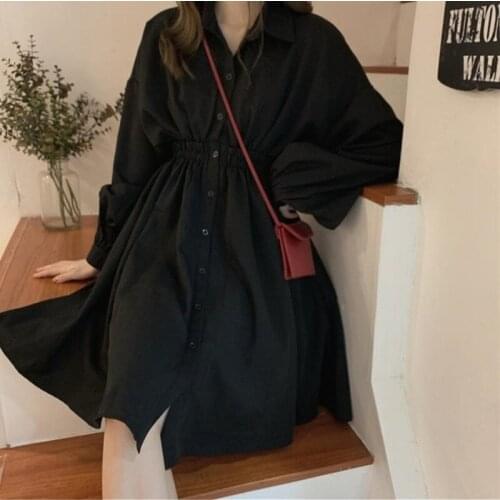 Vintage Fashion Women Long Sleeve Turn-down Collar Single Breasted Slim Elastic Waist Solid Black Shirt Dress Casual Chic Dress