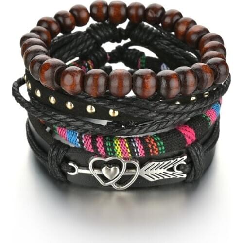 Vintage Leather Bracelet Fashion Hand-knitted Multi-layer Leather Feather Heart Arrow Bracelet and Fashion Mens Bracelet Gift