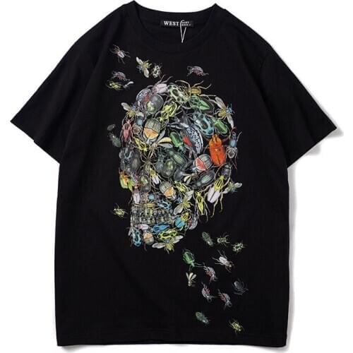 2020 New Arrival O-neck Knitted Print Short T Shirt Hip Hop Insect Head Portrait Fashion Brand Street Pure Cotton Personality