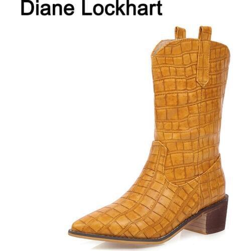 Fashion Embossed microfiber Leather Women Mid-calf Boots Toe Western Cowboy Boot High Heels Motorcycle chaussures femme size 39