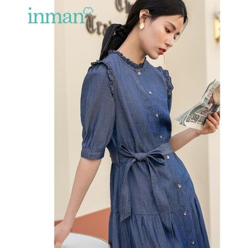 INMAN Decorative Border Elegant Long Dress Women Koran Fashion Causal Long Artsy Embroidery Soft Lessel Jeans Blue One-Piece