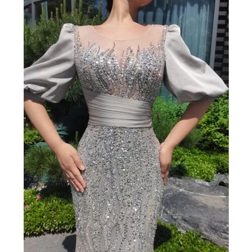 Sliver Nude Short Puffy Sleeves Gowns Fashion Ladies Evening Dresses 2020 Luxury Sexy Dresss Beading Mermaid1583