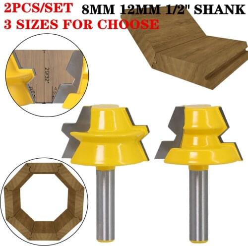 2pcs/set 8mm Shank 22.5 Degree Glue Joinery Router Bit Set Lock Miter Chamfer End Mills 1/2" Shank Wood Milling Cutter