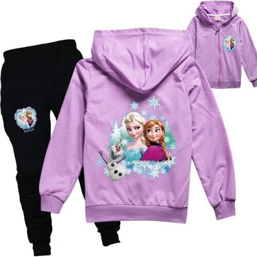 Disney Girl Fall 2020 Casual Winter Pullover Clothes Sets Frozen Elsa Anna Kawaii Little Girls Tracksuit Children Clothing