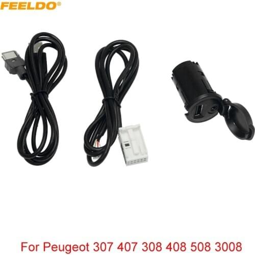 FEELDO Car Stereo AUX USB Switch Panel 12Pin+4pin USB AUX Audio Cable For Peugeot 307 407 308 408 508 3008 AUX Adapter