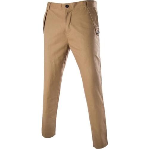 Pants Men Casual Solid Color Pockets Cotton Long Straight Pants Slim Button Trousers