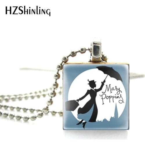 2021 Fashion Mary Poppins Movies Women with Umbrella Square Scrabble Pendant Jewelry Wooden Scrabble Tiles Ball Chain Necklace