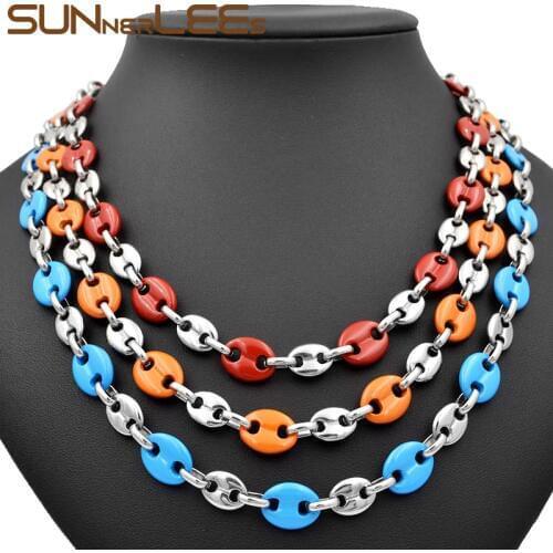 SUNNERLEES Stainless Steel Necklace 10mm Coffee Beans Link Chain Black Blue Red Silver Color Men Women Jewelry Gift SC105