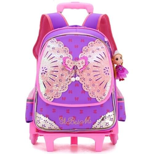 Children School Bags Removable Girls Cartoon Bow Princess Trolley Backpack 2/6 Wheels Child Climb Stair Kids Rolling Backpacks