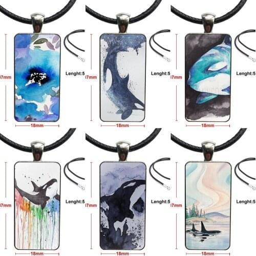 Killer Whale Orca Watercolor For Schoolgirl Maxi Design Fashion Vintage Glass Women Rectangle Necklace Pendants
