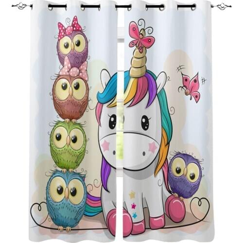 Animal Unicorn Owl Cartoon Cute Window Curtains Kitchen Decor Kids Curtain Panels With Grommets Window Treatment Curtains