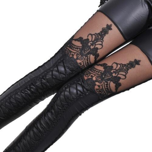 Fashion Sexy Woman Stitching Lace Stretch Skinny Leg Faux Leather Leggings Women Pants Punk Autumn Skinny Pant