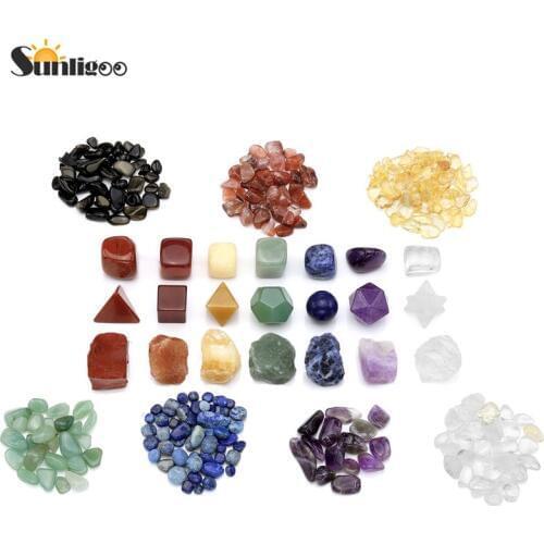 Sunligoo 7 Chakra Raw Stones+7 Chakra Tumbled Irregular Natural Stones+7 Chakra Crystal Plantonic Solids Geometry Healing Stones