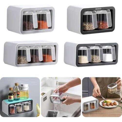 Wall Mount Spice Rack Organizer Sugar Bowl Salt Shaker Seasoning Container Spice Boxes With Spoons Kitchen Supplies Storage Set