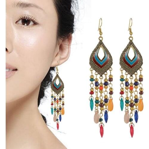 New European&American Vintage Tassel Earrings Hollow Water Drop Fashion Eardrop Women Ethnic Style Rice Beads Acrylic Earrings
