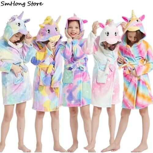 New Winter Warm Kids Bathrobe Animal Cartoon Unicorn Towel Cute Bathrobes For Children Flannel Pajamas Boys Girls Robes