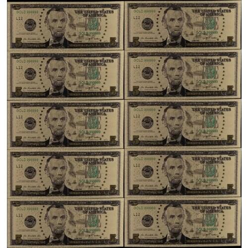 Banknotes Commemorative Notes Decoration 10Pcs 24K Gold Plated Dollars Home Decoration 5 Dollar