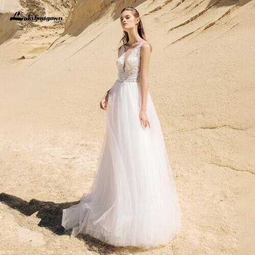 Lakshmigown Boho Beach A Line Wedding Dresses 2021 Lace Applique Sleeveless Country Bridal Gowns V Back vestido de novia