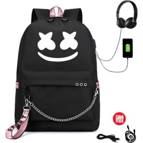 DJ Marshmello USB Backpack School Book Bags Fans Travel Bags Laptop Chain Backpack Headphone Port Waterproof Laptop bags