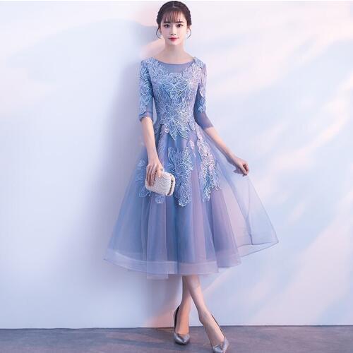 Evening Dress 2019 New Style Illusion O-neck Half Sleeve a Line Prom Party Dress Appliques Flower Tea Length Robe De Soiree