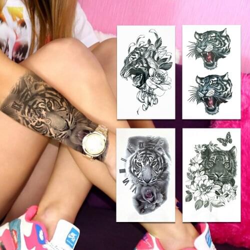 Tribe Tiger Fake Temporary Tattoos For Women Men Realistic Daisy Flower Tattoo Sticker Clock Waterproof Butterfly Tatoo Hand Art