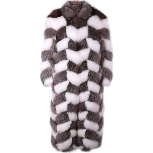 YOLOAgain Winter Warm Thick Long Real Fox Fur Coat Women Color Block Stand Collar Outerwear