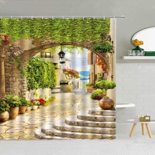Street View Shower Curtain Vine Flowers Retro Architecture Green Plants Scenery Bathroom Supplies Fabric Bath Screen With Hooks