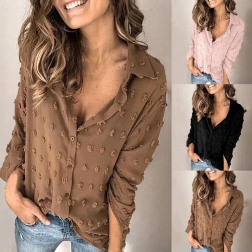 Women Shirt Casual Solid Color Jacquard Summer Turndown Collar Long Sleeve Single-breasted Breathable Blouse for Dating