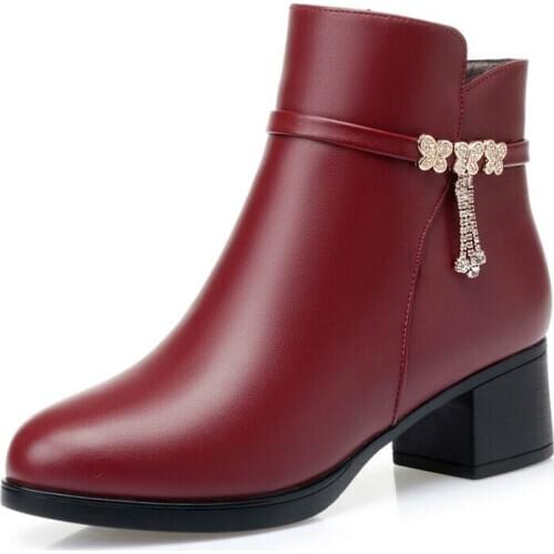 2020 Fashion High Help Women Boots Casual Leather Low High Heels Warm plush Winter Shoes Woman Rubber Ankle Boots