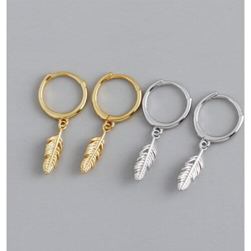 VENTFILLE 925 Sterling Silver Leaf Feather Pendant Hoop Earrings For Women Simple Golden Ear Buckle Student Accessories
