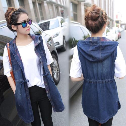 Large Size Loose Denim Waistcoat Women 2021 Spring Autumn Korean Long Denim Vest Coat Women Hooded Sleeveless Jacket Female Vest