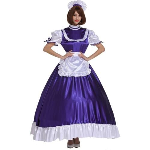 Sissy Girl Maid Frilly Purple Lockable Long Dress Crossdress Cosplay Costume