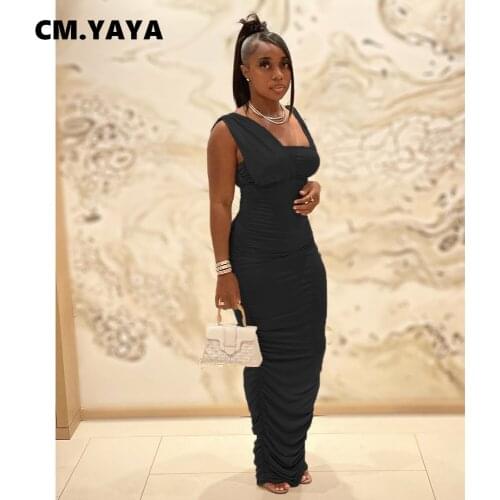CM.YAYA Women Evening Dress Solid Sleeveless Square Collar Strechy Bodycon Stacked Maxi Long Dresses Vintage Vestidos Summer